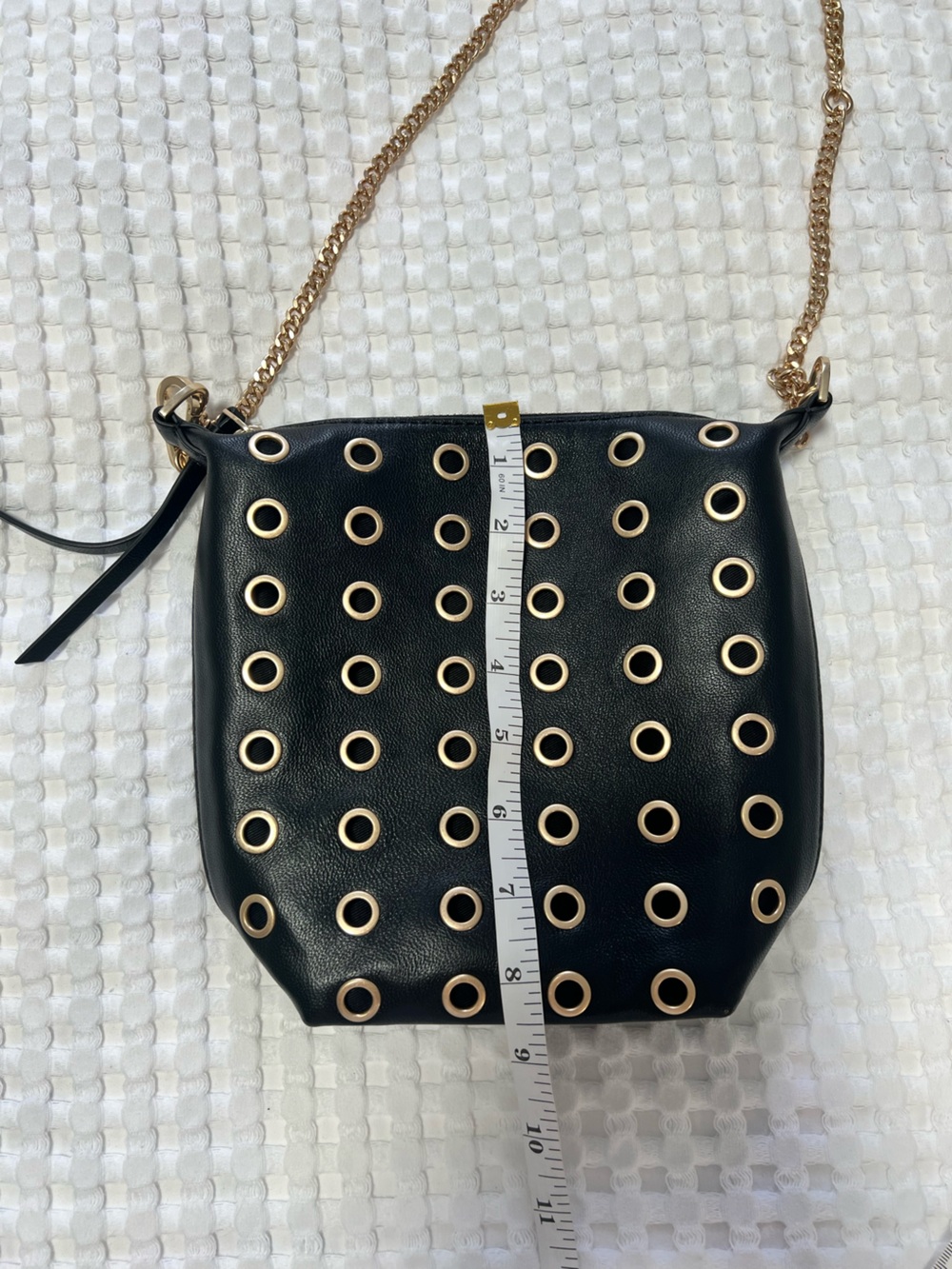 AllSaints Evaline Eyelet Leather Crossbody Bag Black Gold Chain - Picture 13 of 14